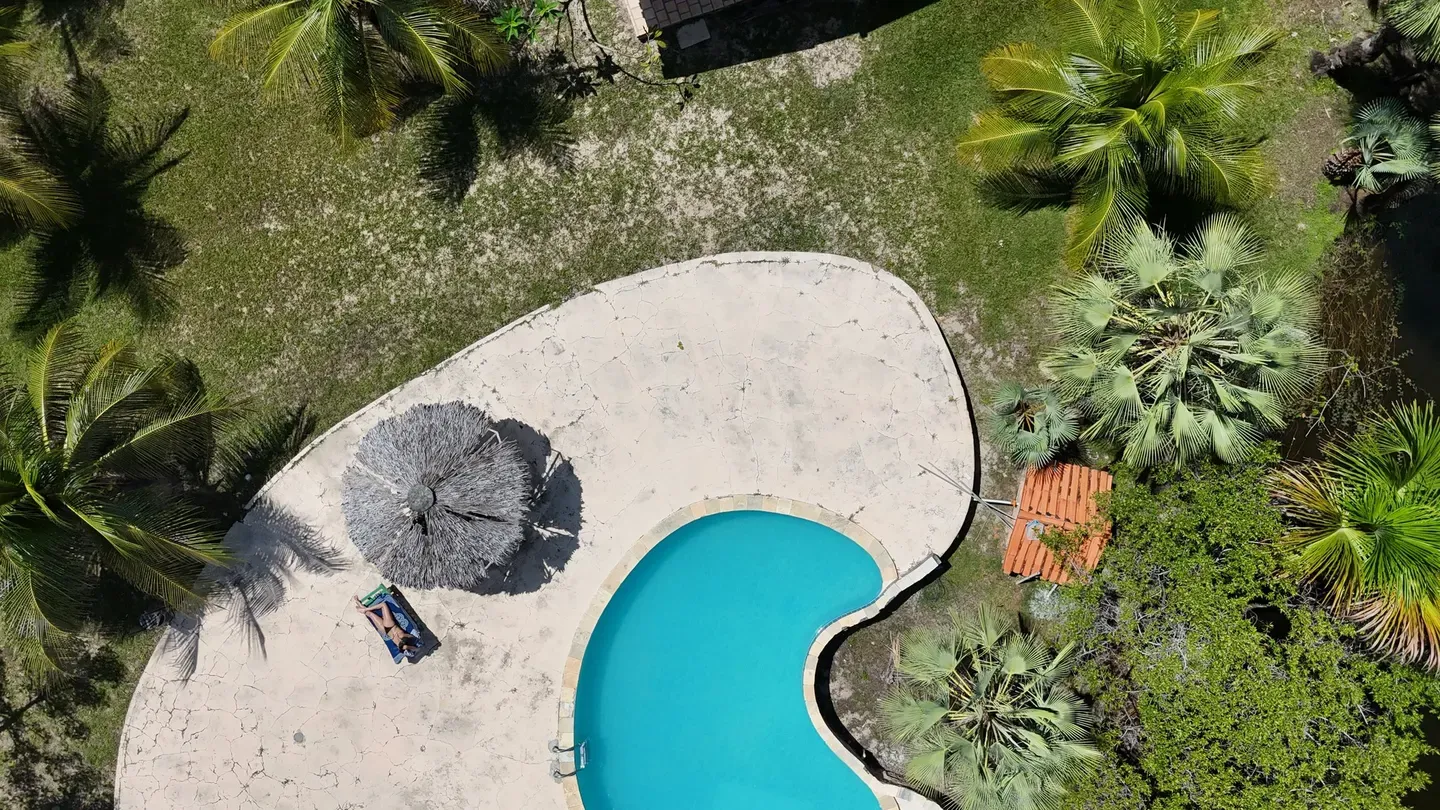 A piscina do Rancho vista de cima, entre coqueiros, com um guarda-sol de palha