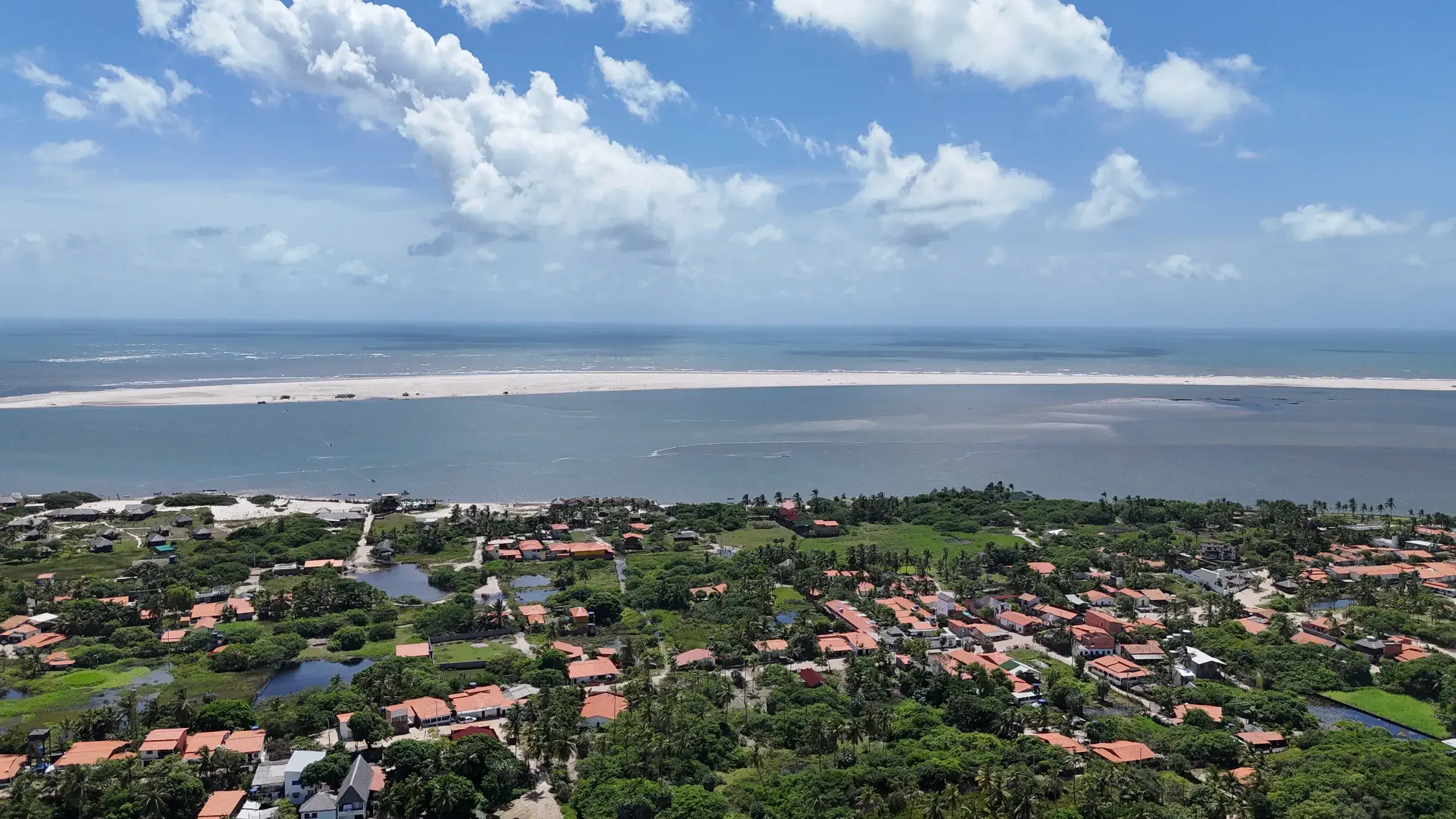 Vista aérea de Atins: a vila entre os coqueiros, a foz do Rio Preguiças e o mar